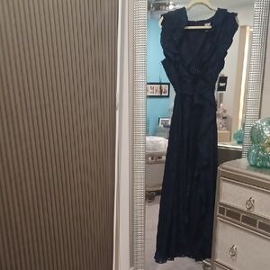 NWT DKNY Women's Flutter-Sleeve Ruffle-Front Tie-Waist Midnight Blue Gown SZ 12